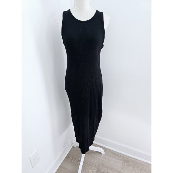 Theory Black Ribbed Bodycon Straight Tight Sleeveless Midi Tank Dress L Large - Picture 1 of 8